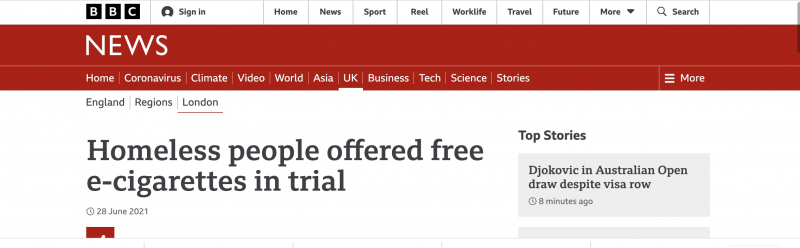 权威媒体BBC报道向流浪汉群体分发电子烟的试验