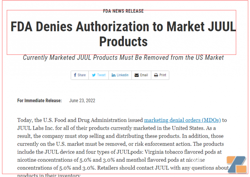 FDA拒绝了JUUL烟草和薄荷醇产品PMTA申请